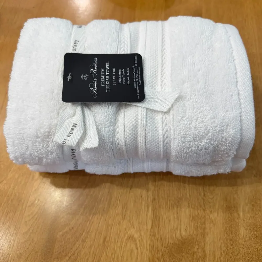 Brooks Brothers Premium Turkish Cotton Hand Towels Set of 2 White Plush Spa NWT